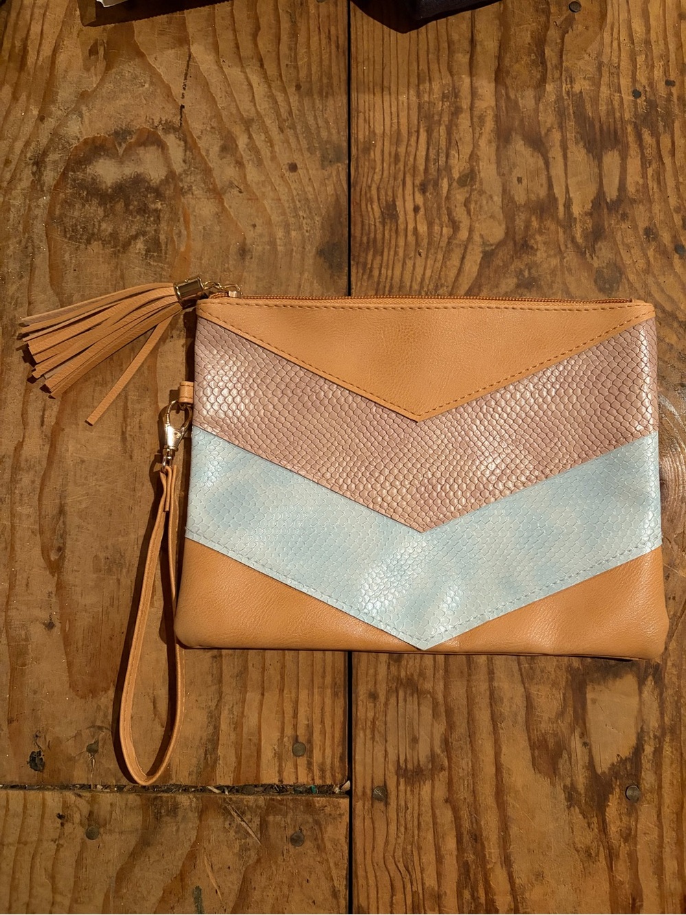 Tan Chevron Wristlet Clutch with Tan and Light Blue Panels